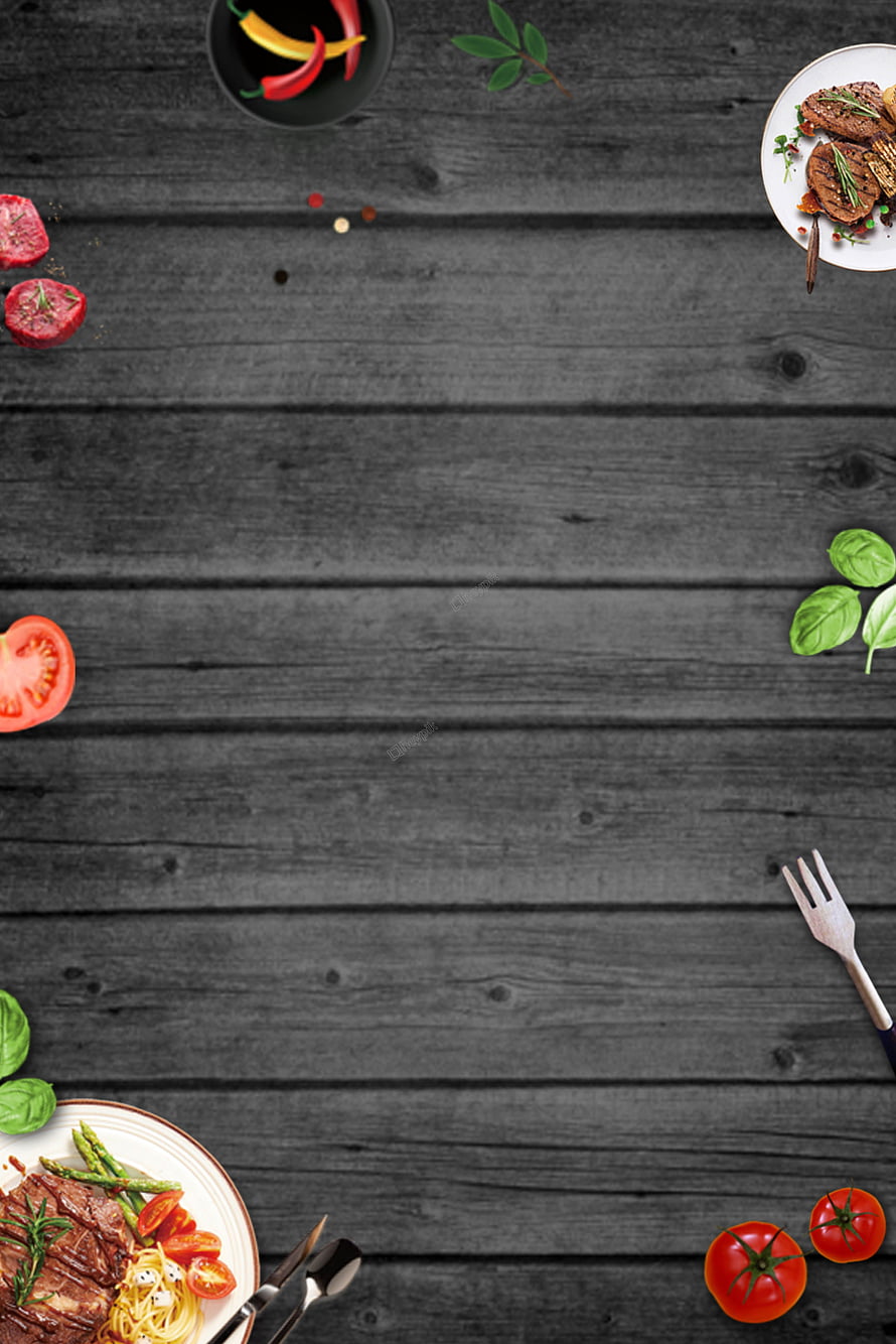 Dark Wood Table Food Frame With Steak, Pasta, Tomatoes, and Basil Leaves HD phone wallpaper