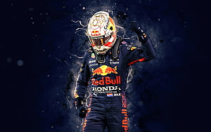 Max Verstappen in Red Bull Racing suit with dynamic dark background and particle effects HD wallpaper