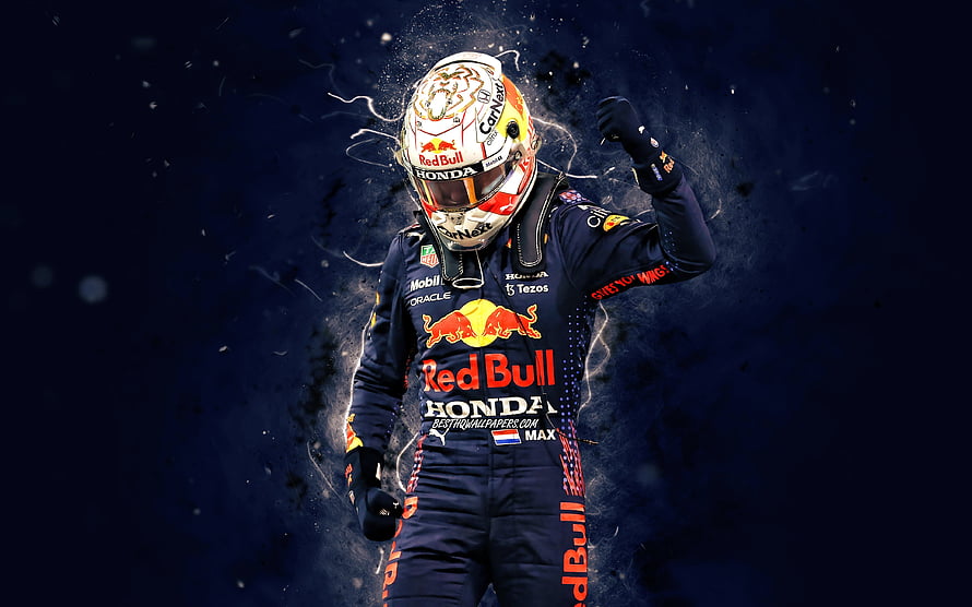 Max Verstappen in Red Bull Racing suit with dynamic dark background and particle effects HD wallpaper