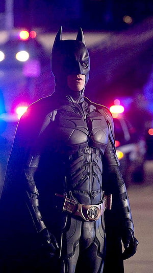 Christian Bale as Batman in The Dark Knight armored suit with neon city lights, Batman Dark Knight, Christian Bale Batman HD phone wallpaper