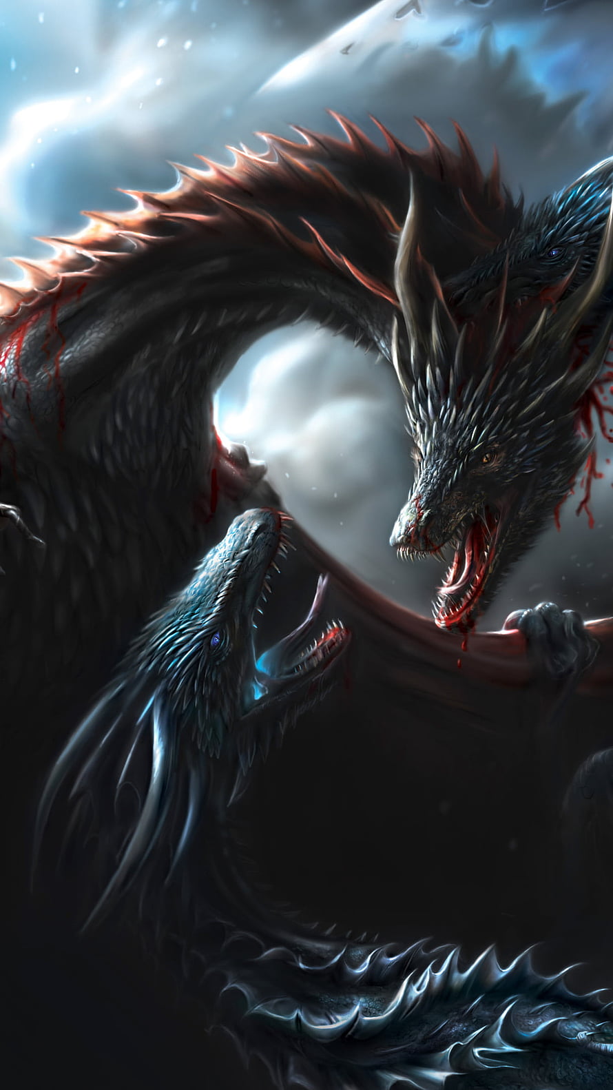 Two Fierce Dragons Confronting Each Other in a Dark Fantasy Battle Scene HD phone wallpaper