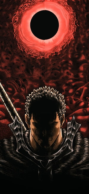 Guts from Berserk in Dark Armor Before a Red Eclipse HD phone wallpaper