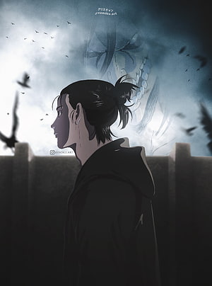 Anime Character Profile With Giant Titan Face In Background HD phone wallpaper