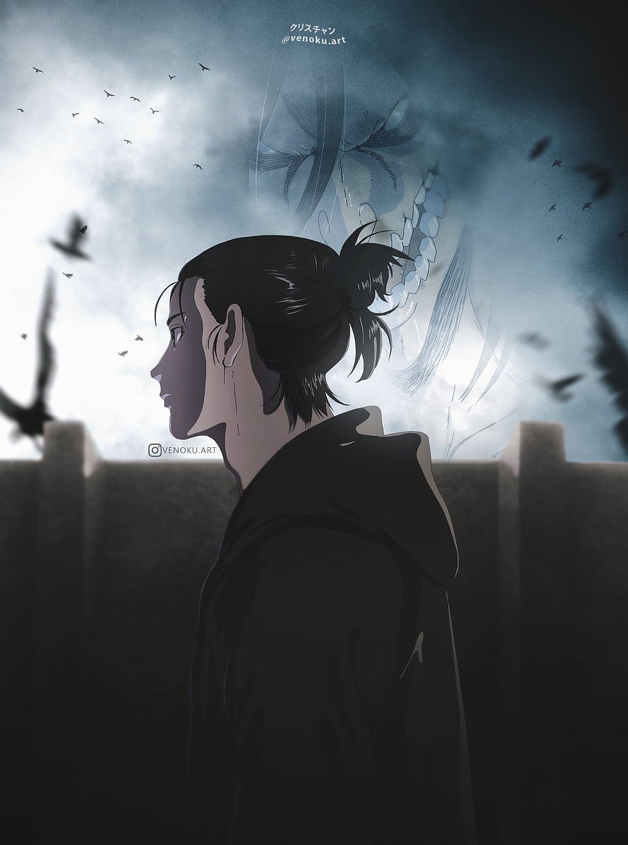 Anime Character Profile With Giant Titan Face In Background HD phone wallpaper