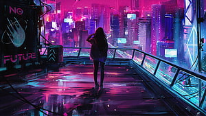 Cyberpunk Cityscape with Neon Lights and Silhouette of a Girl on a Balcony HD wallpaper