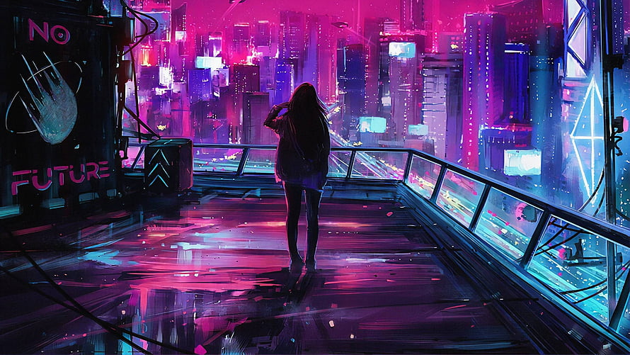 Cyberpunk Cityscape with Neon Lights and Silhouette of a Girl on a Balcony HD wallpaper