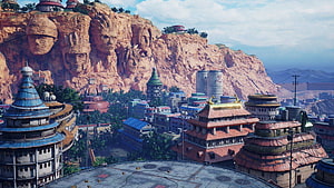 Hidden Leaf Village Panorama With Giant Rock Faces And Traditional Architecture HD wallpaper