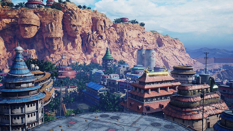 Hidden Leaf Village Panorama With Giant Rock Faces And Traditional Architecture HD wallpaper