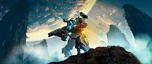 Titanfall 2 Pilot and Mecha Standing on Rocky Outcrop with Planet in Background HD wallpaper