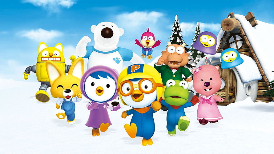 Pororo the Little Penguin and Friends Running in Snowy Winter Landscape HD wallpaper