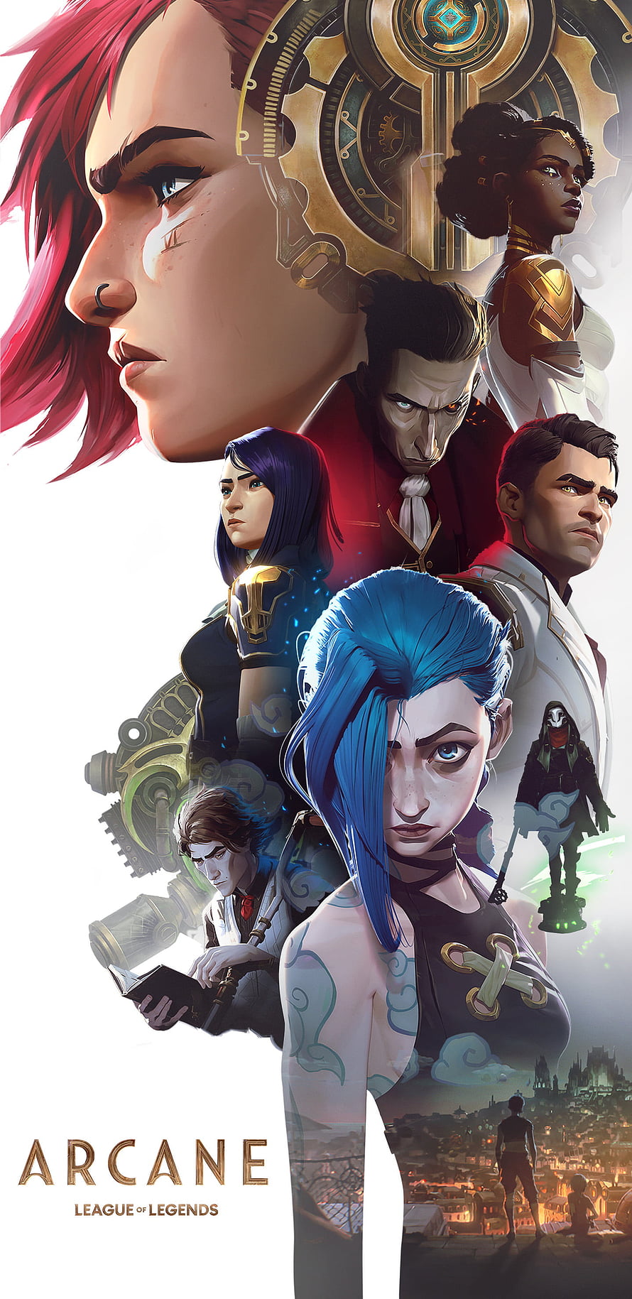Arcane League of Legends Ensemble Poster Featuring Jinx, Vi, Caitlyn, Jayce, and Powder in Cinematic Digital Art HD phone wallpaper