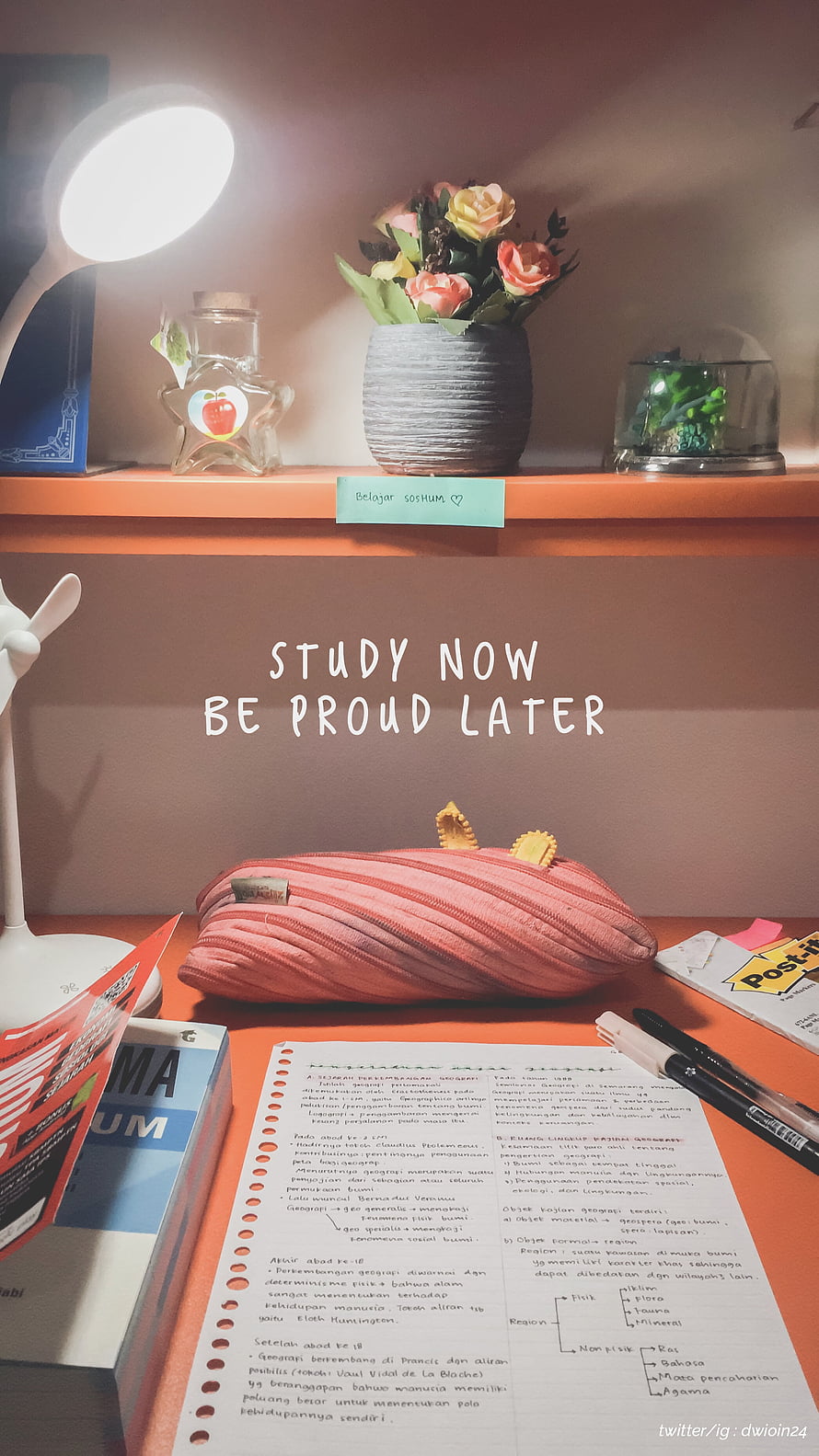 Cozy Study Desk Setup With Pink Pencil Case, Open Notebook, And Motivational Wall Quote HD phone wallpaper