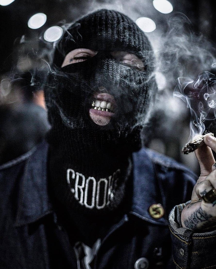 Portrait of a man in a black balaclava smoking with gold teeth and tattoos, Gangster Aesthetic , Gangster Gang HD phone wallpaper