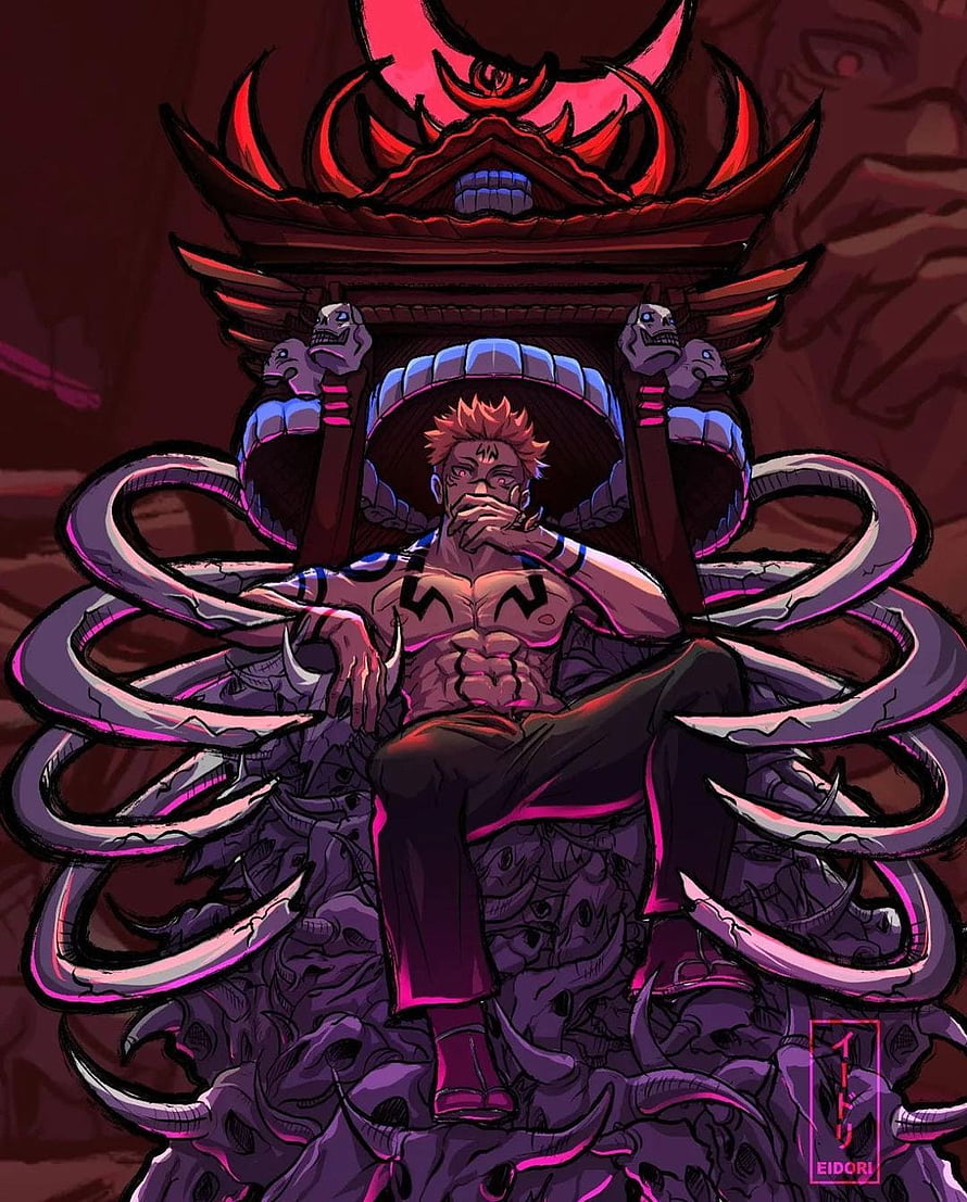 Sukuna Jujutsu Kaisen Anime Illustration Seated on Throne of Skulls and Serpents HD phone wallpaper