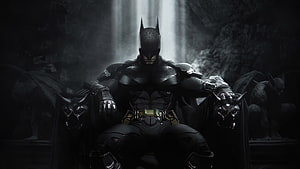 Batman Arkham Knight Dark Knight Sitting on Throne in Batcave, Batman, sitting on throne, dark, superhero art HD wallpaper
