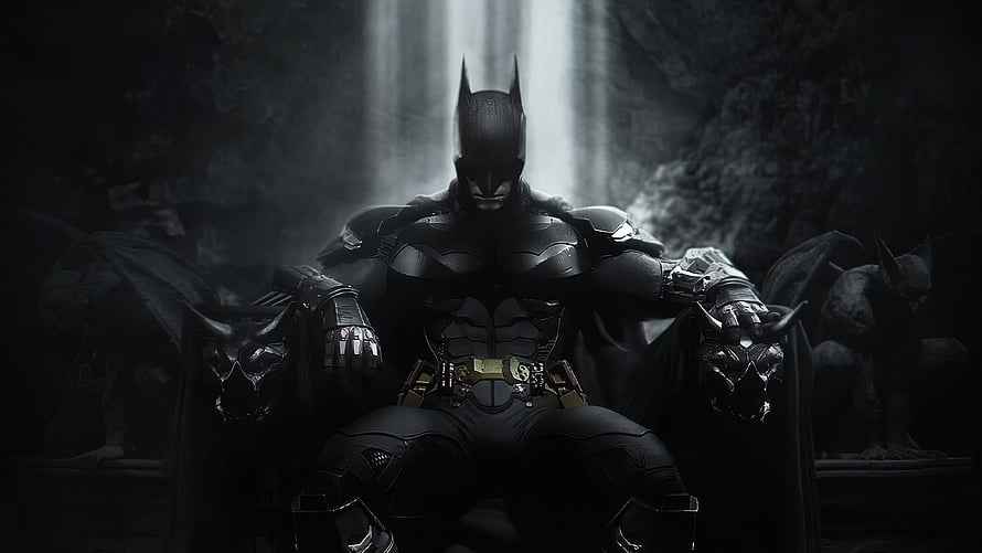 Batman Arkham Knight Dark Knight Sitting on Throne in Batcave, Batman, sitting on throne, dark, superhero art HD wallpaper