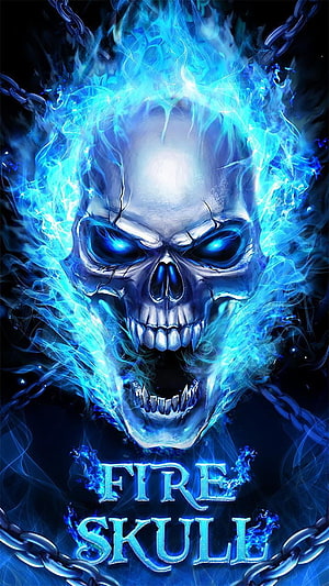 Blue Fire Skull with Glowing Eyes and Chains Dark Fantasy Digital Art HD phone wallpaper