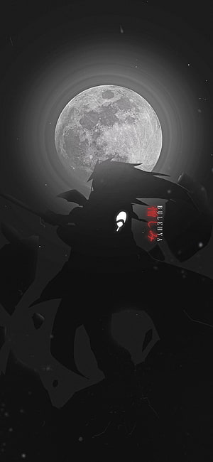 Bulehya anime character silhouette standing before a giant full moon in a dark monochrome night scene HD phone wallpaper