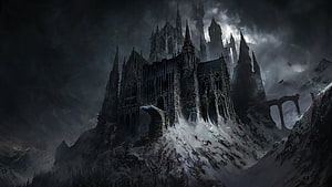 Gothic Dark Fantasy Castle on Snowy Mountain Peak Under Stormy Night Sky HD wallpaper