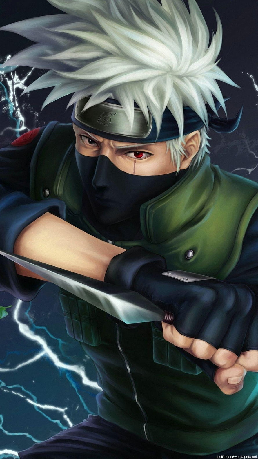 Kakashi Hatake from Naruto wielding a kunai with lightning effects in the background HD phone wallpaper