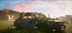 Overgrown Abandoned Car in Post-Apocalyptic Suburb with Butterflies HD wallpaper