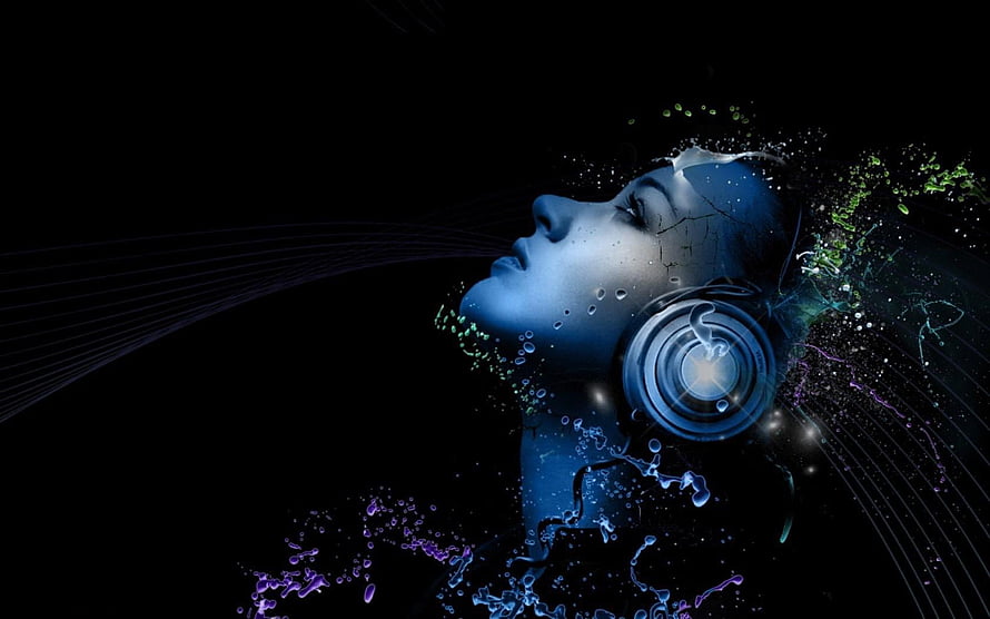 Ethereal Woman with Headphones Dissolving into Digital Particles and Sound Waves, Musical Background, Music Theme HD wallpaper