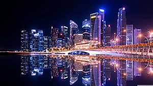 Singapore Marina Bay Sands and Skyline at Night with Water Reflections HD wallpaper