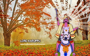 Lord Karuppasamy on White Horse in Autumn Forest with Radiant Light Rays HD wallpaper