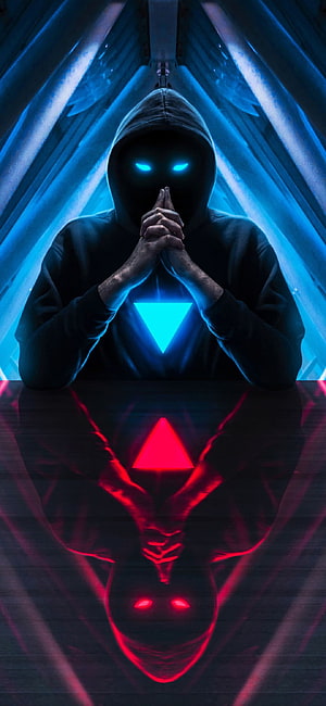 Mysterious Hooded Figure with Glowing Blue Eyes and Neon Triangles HD phone wallpaper