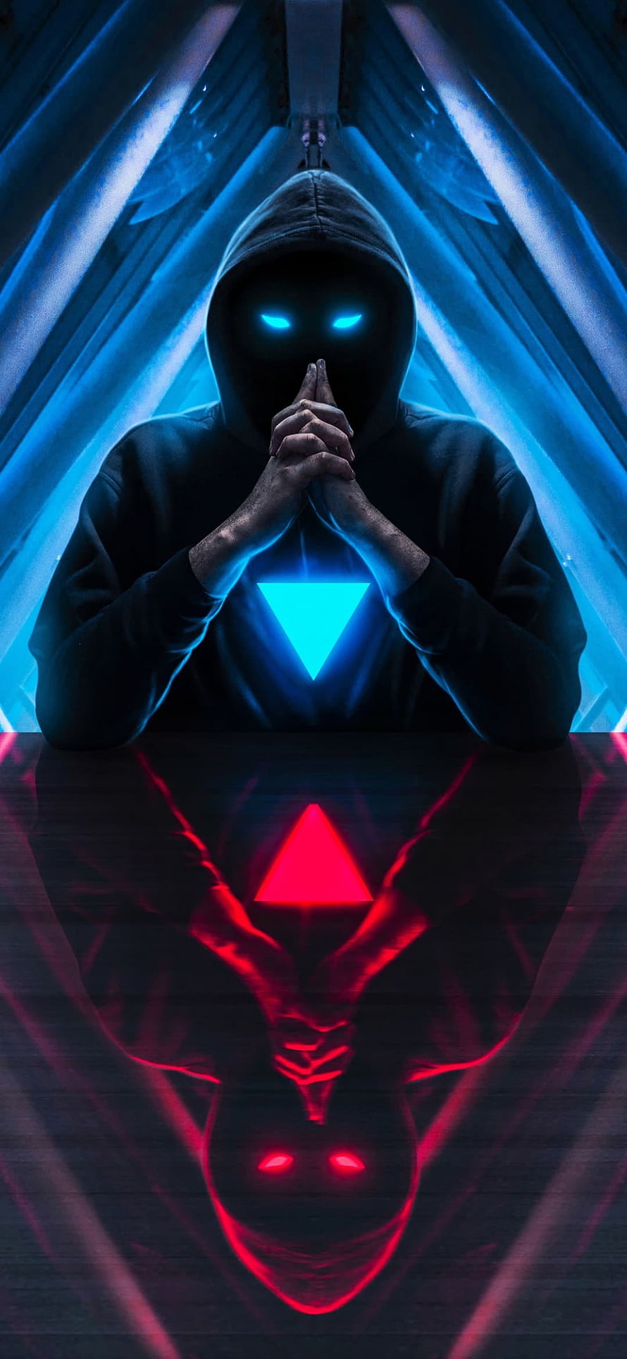 Mysterious Hooded Figure with Glowing Blue Eyes and Neon Triangles HD phone wallpaper