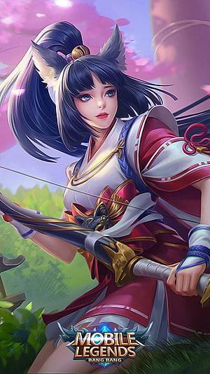 Miya from Mobile Legends Bang Bang in a red and white archer outfit with fox ears under pink cherry blossoms HD phone wallpaper