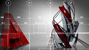 AutoCAD Architectural Blueprint with Red 3D Structural Models and Dimensional Annotations HD wallpaper