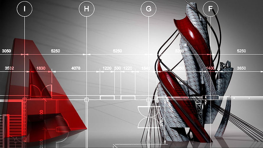 AutoCAD Architectural Blueprint with Red 3D Structural Models and Dimensional Annotations HD wallpaper
