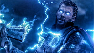 Thor Wielding Stormbreaker Amid Blue Lightning in Avengers Infinity War HD wallpaper