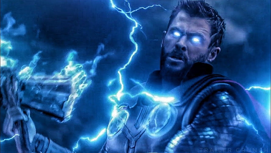 Thor Wielding Stormbreaker Amid Blue Lightning in Avengers Infinity War HD wallpaper
