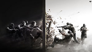Rainbow Six Siege Tactical Breach Artwork with Split-Frame Combat Scene HD wallpaper