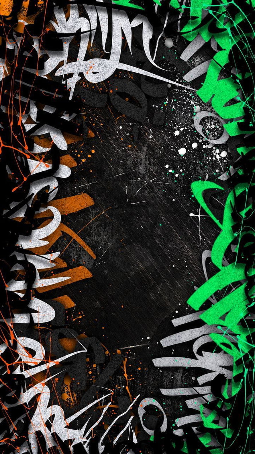 Abstract Urban Graffiti Art with Neon Green and Orange Splatter on Dark Textured Wall HD phone wallpaper
