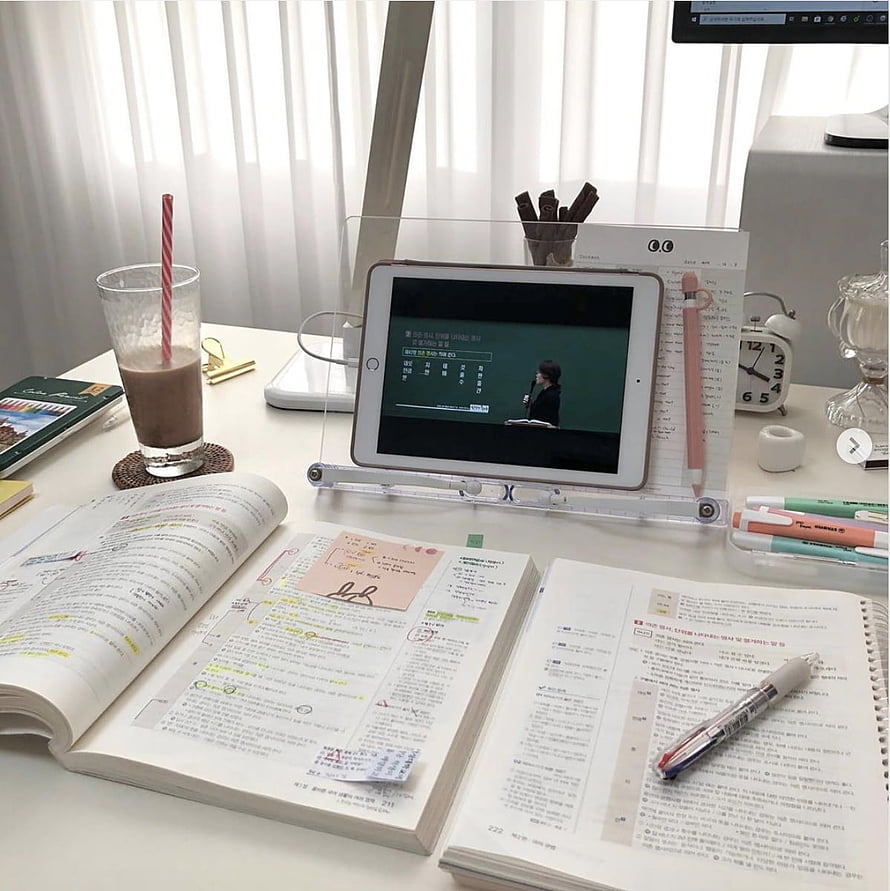 Cozy Study Desk Setup with Open Textbooks, Tablet, and Coffee HD phone wallpaper