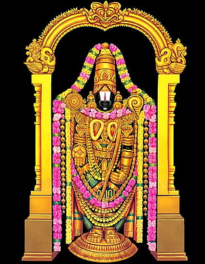 Venkateswara Swamy deity adorned in gold ornaments and floral garlands within a temple arch HD phone wallpaper