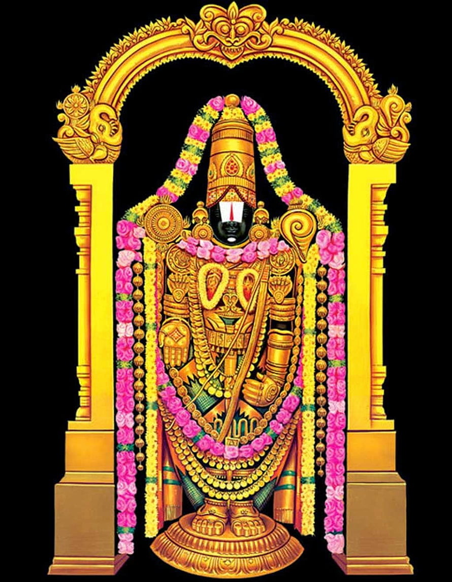 Venkateswara Swamy deity adorned in gold ornaments and floral garlands within a temple arch HD phone wallpaper