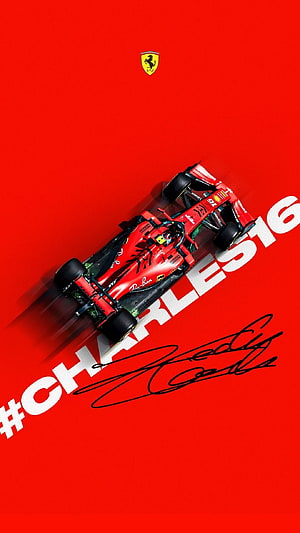 Charles Leclerc Ferrari F1 Car on Vibrant Red Background with Signature HD phone wallpaper