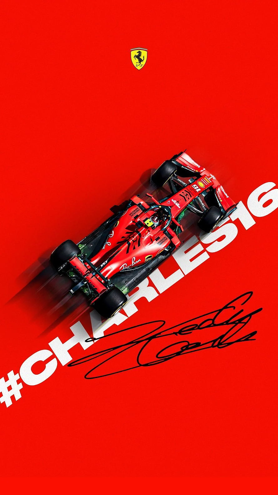 Charles Leclerc Ferrari F1 Car on Vibrant Red Background with Signature HD phone wallpaper