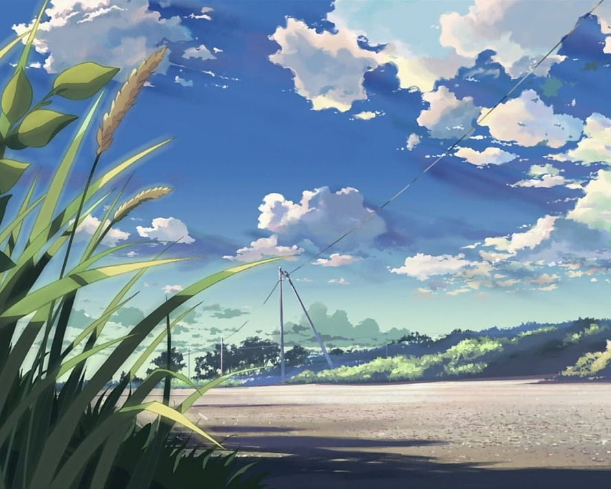 Serene Countryside Landscape with Tall Grass and Blue Sky in Anime Style HD wallpaper
