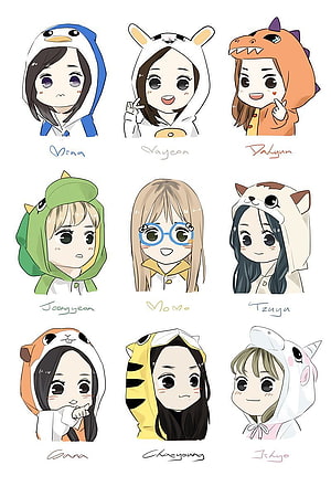 Chibi Kpop Fanart of Twice and Got7 Members in Animal Hoodies HD phone wallpaper