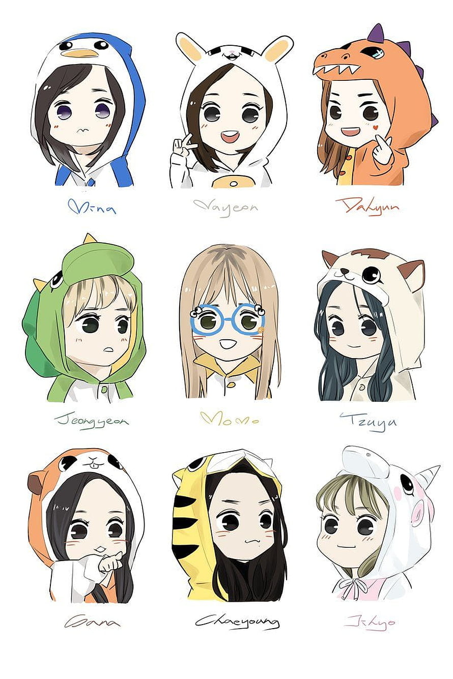 Chibi Kpop Fanart of Twice and Got7 Members in Animal Hoodies HD phone wallpaper