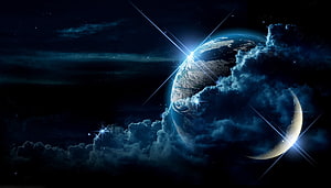 Mystical Blue Planet and Crescent Moon in Starry Night Sky with Clouds HD wallpaper