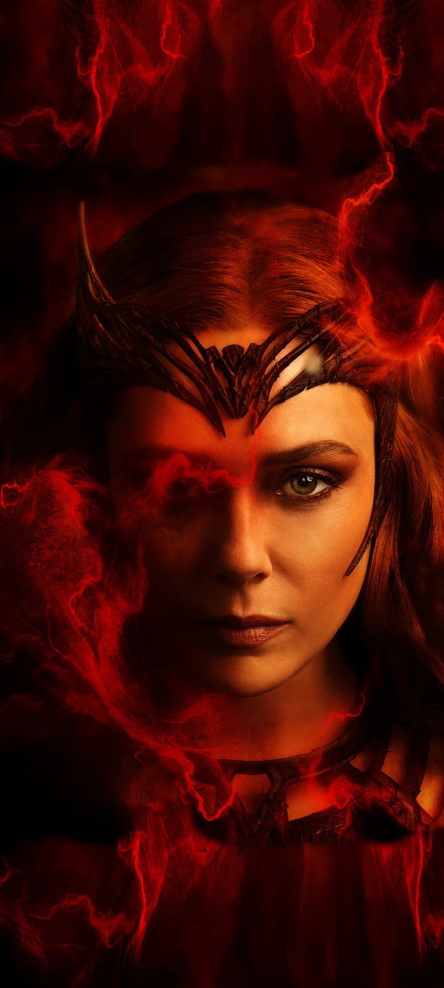 Scarlet Witch Wanda Maximoff with Red Chaos Magic and Horned Crown Portrait HD phone wallpaper