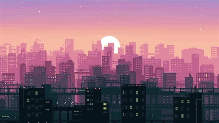 Lo-Fi Hip Hop Cityscape at Sunset with Pixel Art Aesthetic and Warm Pink Sky HD wallpaper