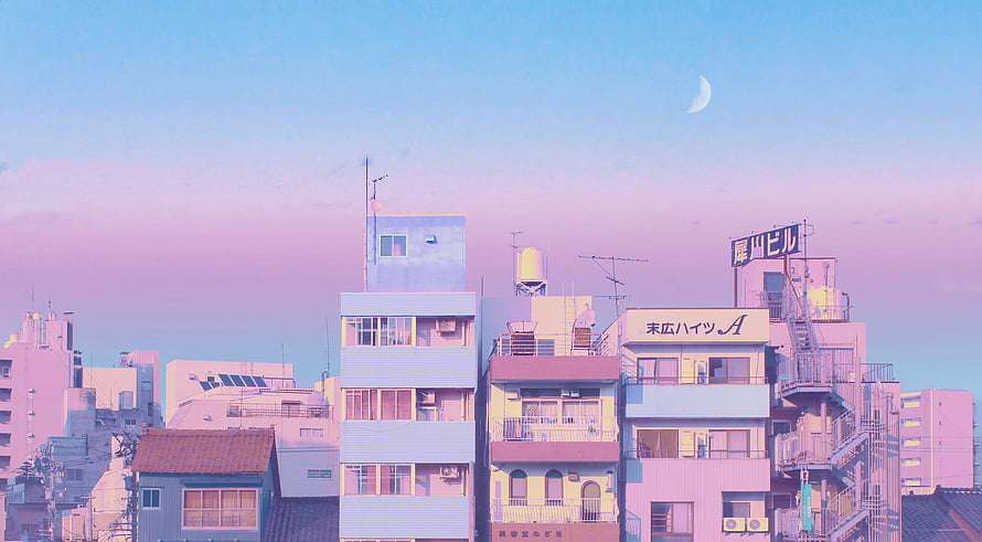 Pastel Japanese Cityscape at Dusk with Crescent Moon and Rooftop Details HD wallpaper