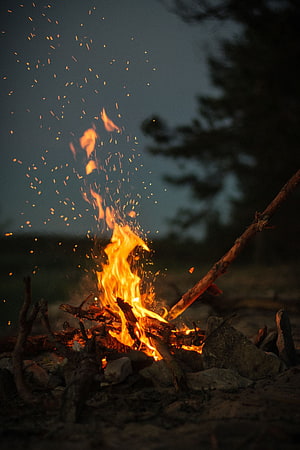 Campfire Burning at Dusk with Rising Sparks and Glowing Embers HD phone wallpaper